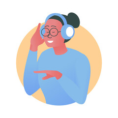 Vector illustration of a girl listening to music on headphones. Beautiful stylish girl wearing headphones dancing in a cozy atmosphere. Smiling cheerful woman in glasses dancing barefoot in a room
