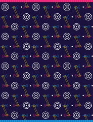 Seamless flat neon pattern. A linear hand holds a dart and aims at the target. Concept for print or web use. On a dark blue background.