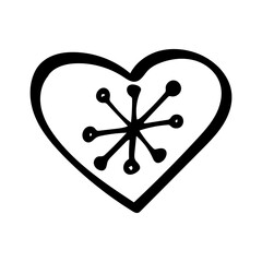 Heart with snowflake in black and white, isolated simple hand drawn vector illustration in doodle style