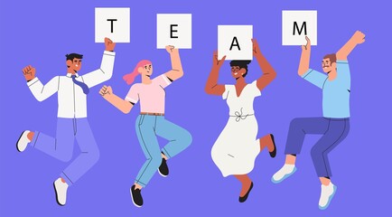 Company workers, colleagues, employees or coworkers jump cheerfully. Concept of team success, teambuilding, happy successful people jumping. Office characters or business team celebrating, dancing