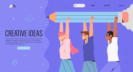 Group or team of creative likeminded business people or designers hold big pencil. Creative banner, advertisement, web page, poster for web design studio or digital painting or educational courses.