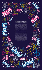 Frame concept with place for text. Flat neon illustration. A linear hand holds a dart and aims at the target. Funny lettering. Concept for print or web use. On a dark blue background.