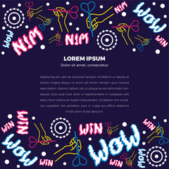 Frame concept with place for text. Flat neon illustration. A linear hand holds a dart and aims at the target. Funny lettering. Concept for print or web use. On a dark blue background.