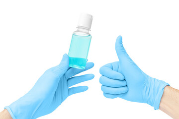 Isolated hand with gloves uses an alcohol based liquid sanitizer or cleanser that kills most types of microbes and viruses. Covid and germophobia concept