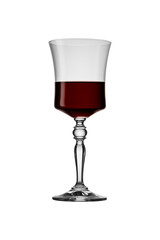 The glass of red wine  isolated on white background. Top view at an angle. For design.