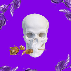 Contemporary collage. White skull with a golden rose in teeth on a purple background.