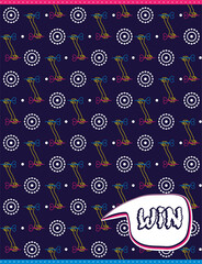 Seamless flat neon pattern. A linear hand holds a dart and aims at the target. Concept for print or web use. On a dark blue background. Bubble with lettering.