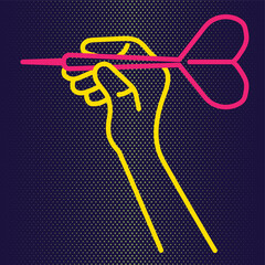 A linear hand holds a dart and aims at the target. Concept for print or web use. On a dark blue background.