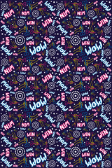 Seamless flat neon vertical pattern. A linear hand holds a dart and aims at the target. Funny lettering. Concept for print or web use. On a dark blue background.