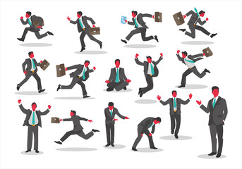 Businessman in office suit and briefcase in various actions like running, nervous, euphoric, tired, jumping, exhausted, nervous, friendly, desperate, winning, calm and helpful.