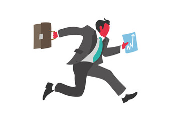 Businessman running in a hurry with a sheet of financial charts. Dressed in a formal office suit, tie and briefcase. Flat style vector image. Eonomist, office worker, man of finances