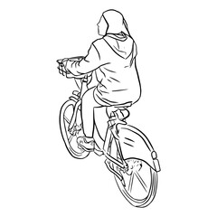 Sketch of girl on bicycle in doodle style in back view. Vector illustration