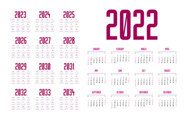 English calendar for years 2022-2034, week starts on Sunday