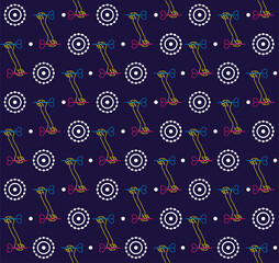 Seamless flat neon pattern. A linear hand holds a dart and aims at the target. Concept for print or web use. On a dark blue background.