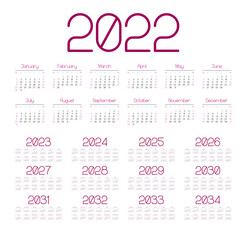 English calendar for years 2022-2034, week starts on Sunday