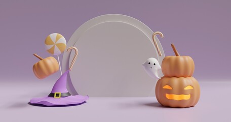 Halloween background with pumpkins and cute ghosts, 3d rendering .