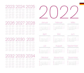 German Calendar for 2022-2034. Week starts on Monday