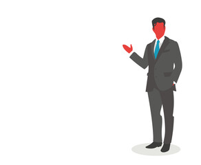 Business man inviting. Dressed in office suit. Flat vector illustration with serious and formal tone.