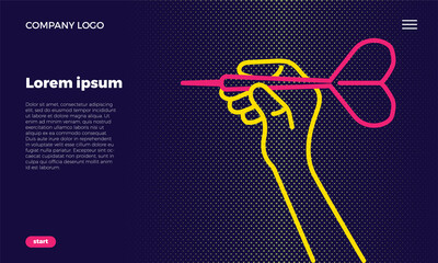 Website Page Concept. A linear hand holds a dart and aims at the target. Concept for web use. On a dark blue background. with place for text