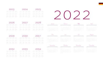 German Calendar for 2022-2034. Week starts on Monday