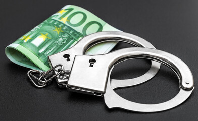 Handcuffs with euro bills on black.
