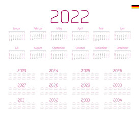 Fototapeta na wymiar German Calendar for 2022-2034. Week starts on Monday