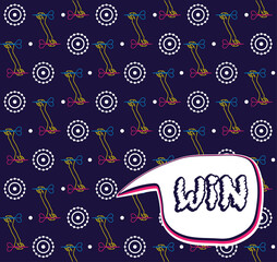Seamless flat neon pattern. A linear hand holds a dart and aims at the target. Concept for print or web use. On a dark blue background.Bubble with lettering.