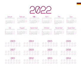 German Calendar for 2022-2034. Week starts on Monday