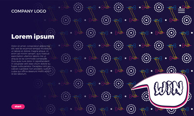 Website Page Concept. Seamless flat neon pattern. A linear hand holds a dart and aims at the target. Concept for web use. On a dark blue background.Bubble with lettering. with place for text