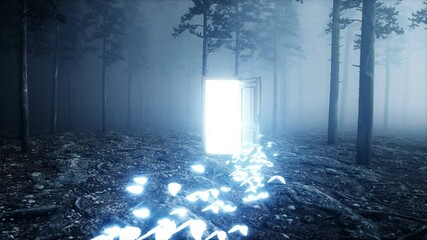Glowing butterflies in fog night forest. Light portal door. Mistic and magic concept. Realistic 4k animation. - Powered by Adobe