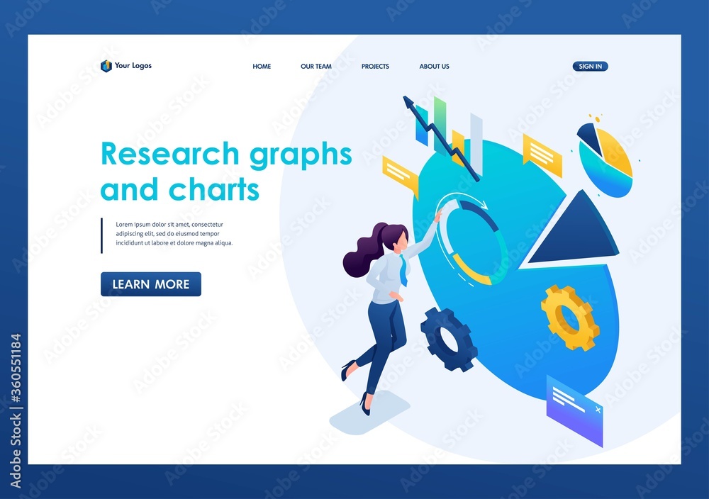 Canvas Prints young girl in progress at work, graphic research and charts. 3d isometric. landing page concepts and
