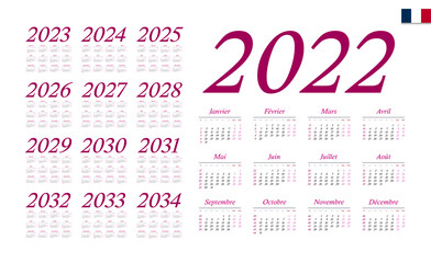 French Calendar for 2022-2034. Week starts on Monday