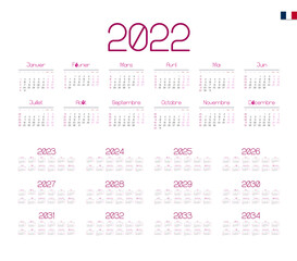 Fototapeta na wymiar French Calendar for 2022-2034. Week starts on Monday