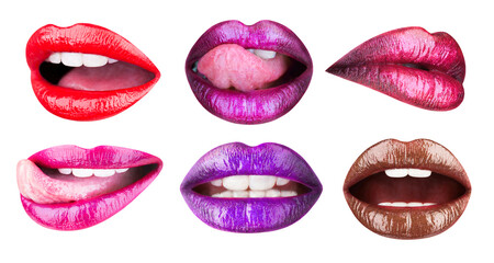 Obraz premium Colored lip, lipstick or lipgloss, sexy. Collection open mouth. Bright female lips collection isolated on white background. Set of womens lips with glossy lipsticks. Multicolored lip, tongue sexy