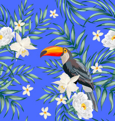 Beautiful seamless vector floral summer pattern with tropical palm leaves, parrot, exotic flowers. Exotic background for design, wallpapers, cover, print.