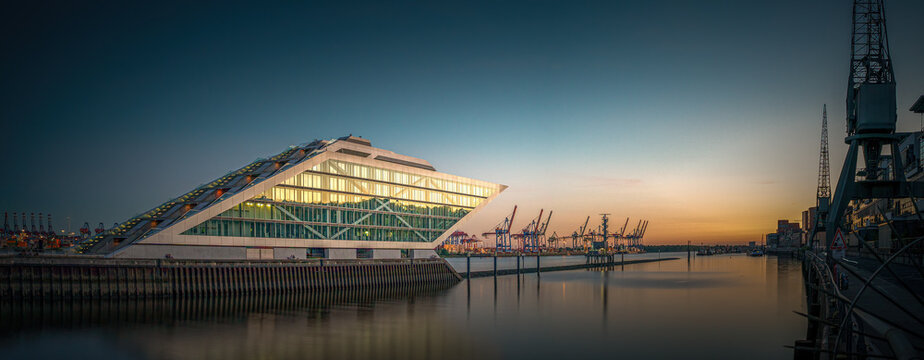 Panorama in the evening in the port of Hamburg