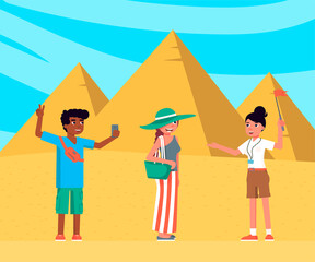 Vector character illustration of group tourists looking Egypt sights