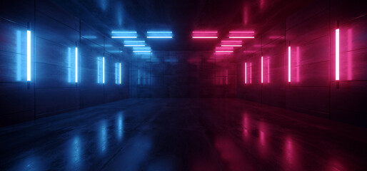 Neon Glowing Retro Modern Synth Wave Garage TUnnel Corridor Purple Blue Vibrant Lights Lines Dance Stage Podium Garage Room Studio Concrete GRunge Background 3D Rendering