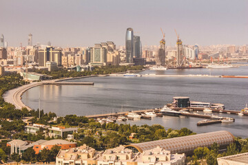 Beautiful background of Baku city. Beautiful view of Baku Boulevard. Caspian Sea. Azerbaijan.