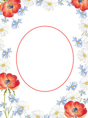 Frame of watercolor flowers cornflowers, poppy and daisy on a white background. Use for wedding invitations, holidays, menus.