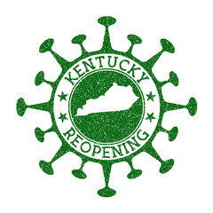 Kentucky reopening stamp. Green round badge of US state with map of Kentucky. US state opening after lockdown. Vector illustration.
