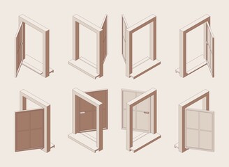 Isometric outline open window with sill isolated on background
