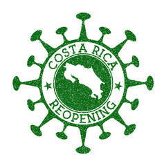 Costa Rica reopening stamp. Green round badge of country with map of Costa Rica. Country opening after lockdown. Vector illustration.
