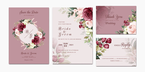 Elegant wedding invitation template set with burgundy and peach watercolor floral frame and border decoration. Botanic illustration for card composition design