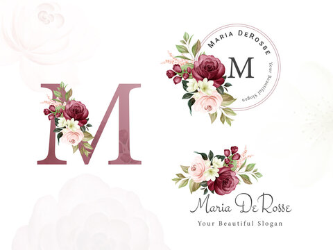 Logo Set Of Burgundy And Peach Watercolor Floral For Initial K, Round, And Horizontal. Premade Flowers Badge, Monogram For Branding Design