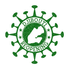 Djibouti Reopening Stamp. Green round badge of country with map of Djibouti. Country opening after lockdown. Vector illustration.