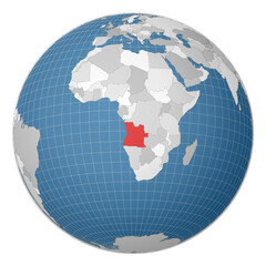 Globe centered to Angola. Country highlighted with green color on world map. Satellite world projection. Artistic vector illustration.