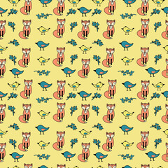 A pattern with a fox, birds, leaves for wrapping paper, textile, fabric, illustration, vector, kids interior design