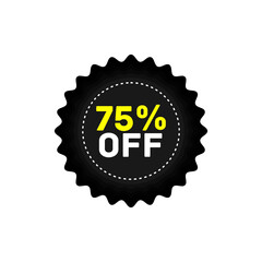 Naklejka premium 75% off discount sticker, sale black tag isolated vector illustration. Discount offer price label,symbol for advertising campaign in retail, sale promo marketing.Sale banner template