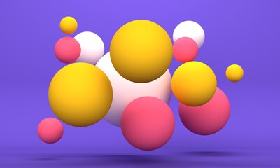 Cheerful abstract background with flying colored spheres on a lilac background. Minimalistic backdrop design for product promotion. 3d rendering